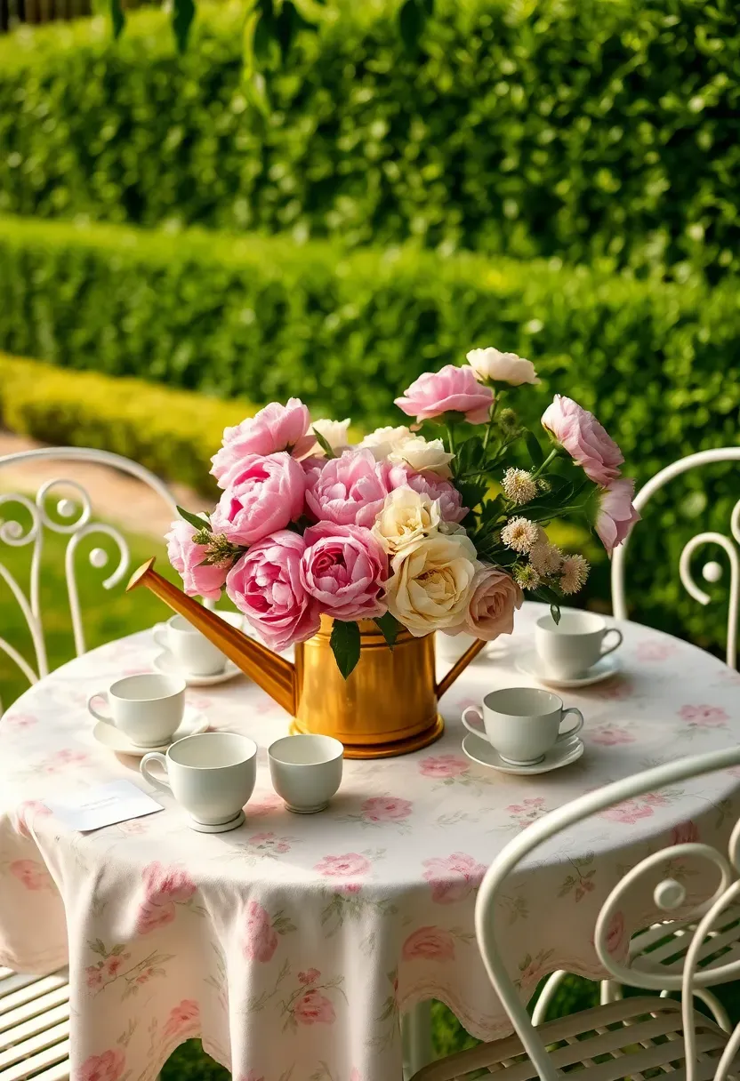 garden party baby shower with pastel floral tablecloths vintage watering cans filled with fresh cut flowers and white bistro chairs outdoors