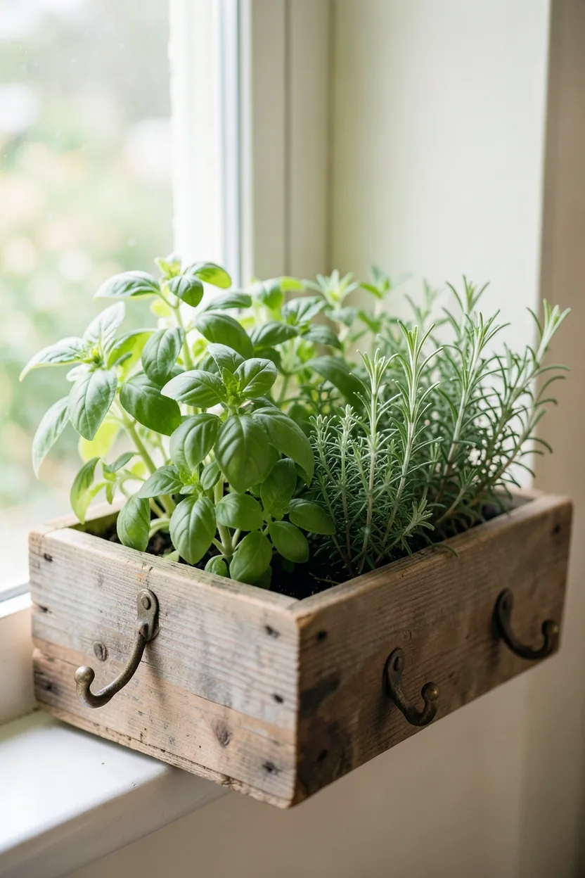 Fresh herb garden in terracotta pots on a farmhouse kitchen windowsill with basil, rosemary, and thyme