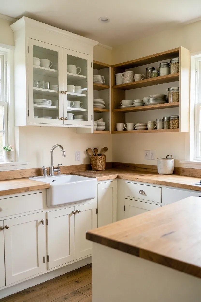 Hyper-realistic 3/4 view showing mix of open shelving and closed cabinetry in a cottage kitchen. Left wall: white shaker upper cabinets with glass doors displaying white dishes, lower solid cabinets. Right wall: natural oak open shelving with mix of dishes, vintage mugs, and storage canisters. Creamy white walls, butcher block counters, farmhouse sink visible below upper cabinets. Warm natural light from windows, soft shadows across surfaces. Materials: painted white wood, natural oak, white ceramic, glass. Balanced eclectic cottage mood. Visible kitchen context - island in foreground, all cabinetry showing mixed storage approach. Slight dust on lower shelves, organized but lived-in appearance on open shelves. No text, no logos, no watermarks.</p>
