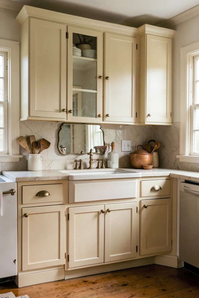 Antiqued mirror backsplash behind the sink in a small farmhouse kitchen reflecting light to create the illusion of more space