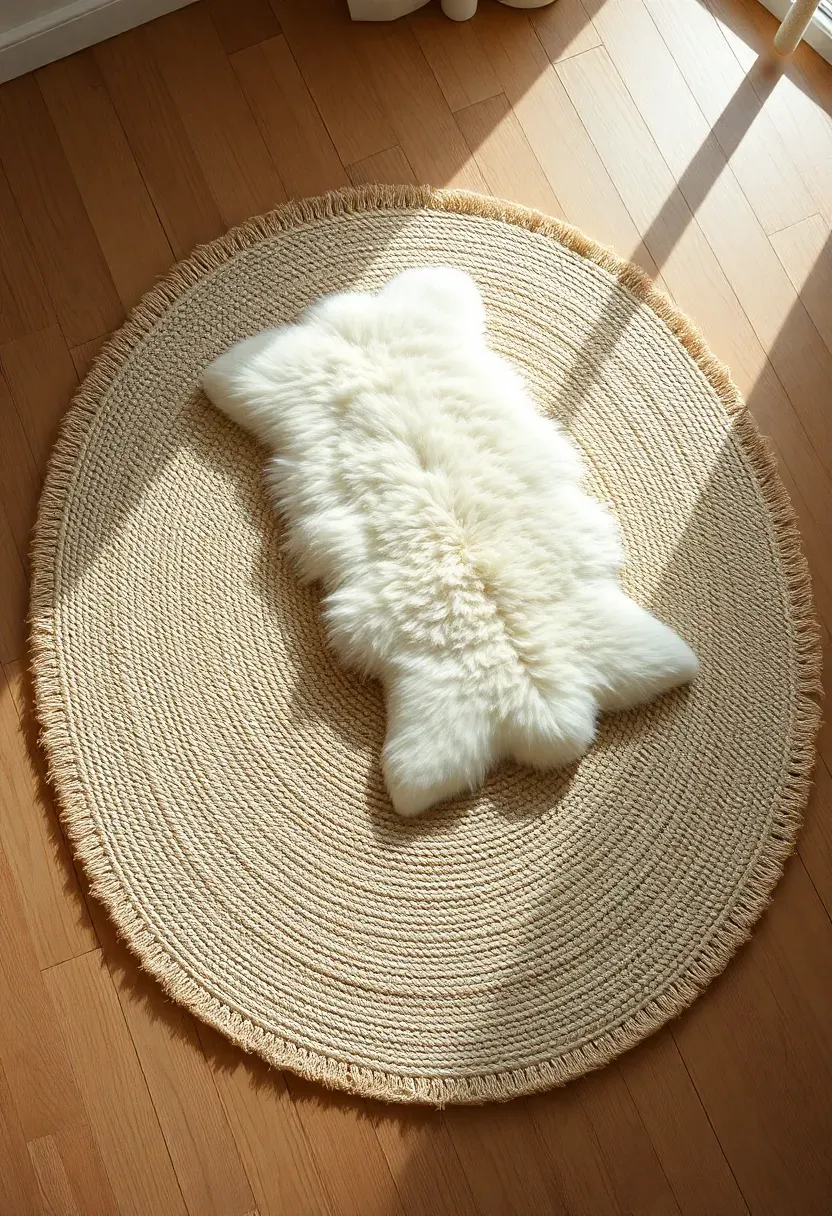 Hyper-realistic top-down angled view of layered rugs on light oak floor: large cream jute base rug with visible texture, smaller plush sheepskin rug layered asymmetrically on top. Natural fiber textures visible, soft cream and white tones. Materials: rough jute weave, plush sheepskin wool fur. Bright daylight from window casting subtle shadows between rug layers. Textural layering mood. Shallow depth of field showing fiber textures and material contrast. No text, no logos, no watermarks.</p>