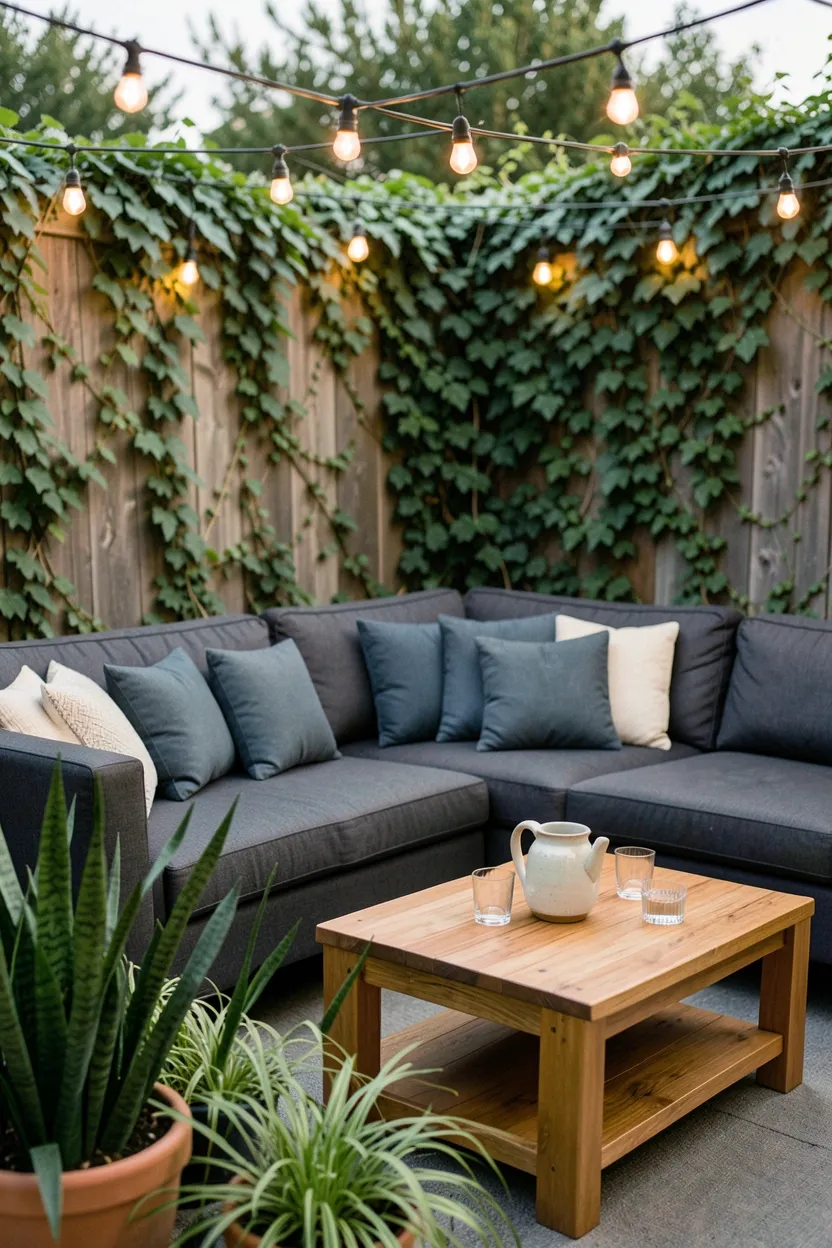 Hyper-realistic eye-level photograph of a cozy outdoor lounge sectional. L-shaped sectional sofa in weather-resistant charcoal fabric with abundant lumbar pillows in slate blue and cream textures. Low coffee table in natural teak holds a ceramic pitcher and glasses. Potted snake plants and mondo grass frame the arrangement. Overhead string lights provide warm illumination. Background shows privacy fence with creeping fig. Materials: performance outdoor fabric, teak wood, ceramic. Relaxed luxury mood. Shallow depth of field, focus on seating comfort. No text, no logos, no watermarks.</p>