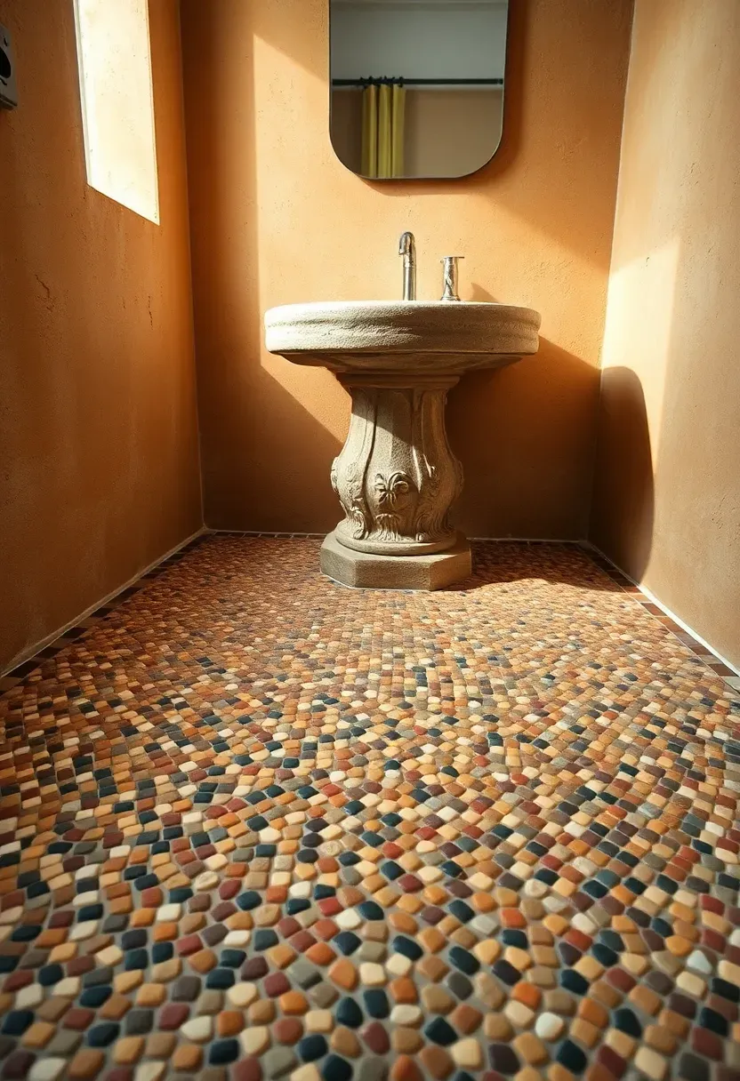 Tiny micro mosaic tiles in earthy brown and terracotta tones covering a bathroom floor near a stone pedestal sink