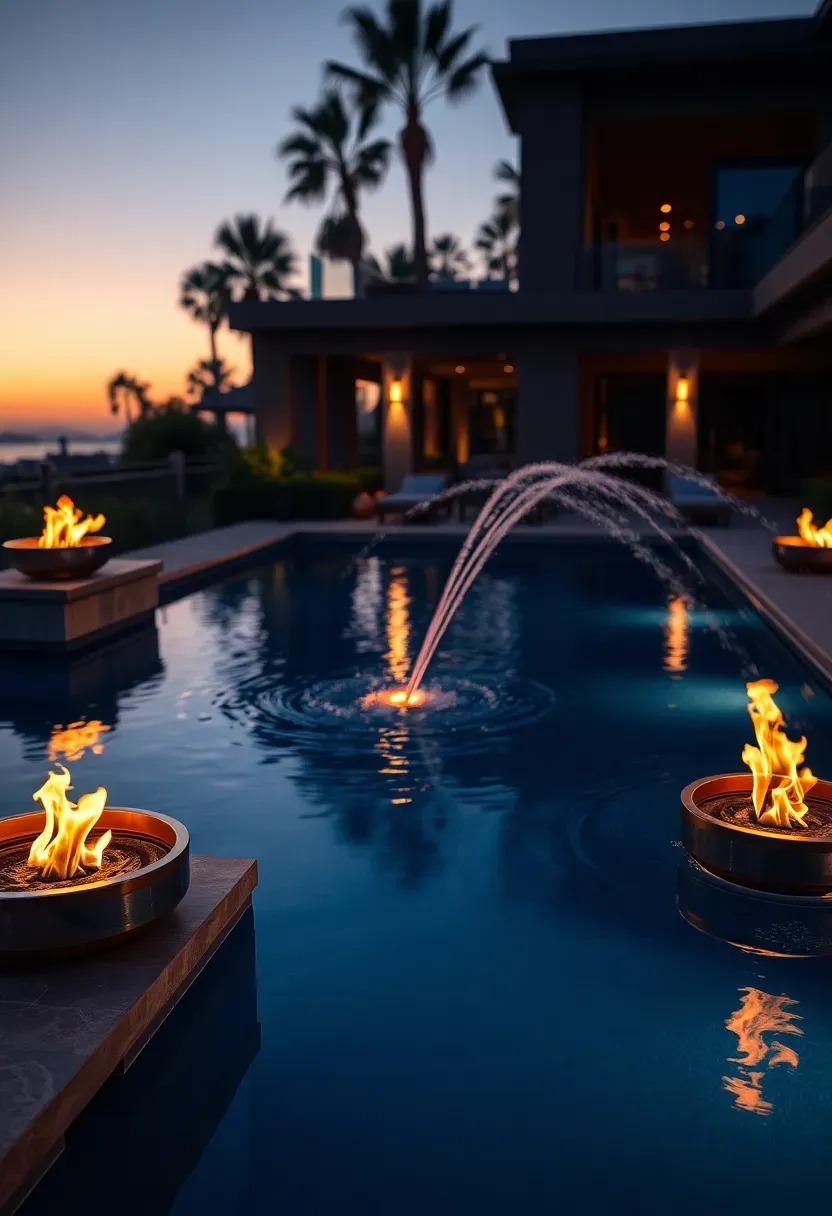 Dramatic pool design with fire bowls and water fountains creating stunning contrast