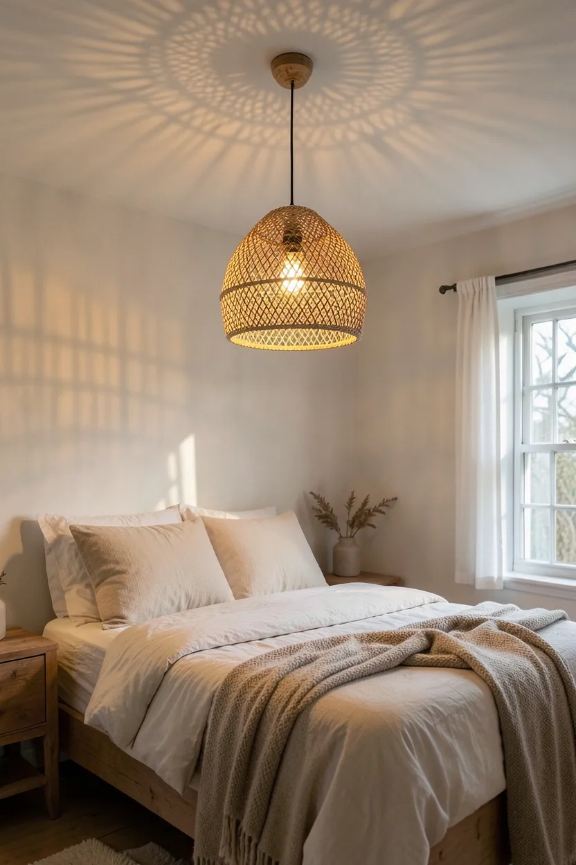 Woven rattan pendant light casting warm patterned shadows in a scandinavian farmhouse bedroom with white walls