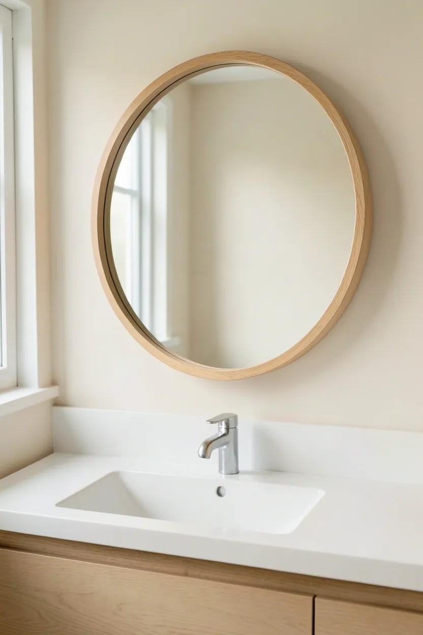 Frameless round mirror above a wood floating vanity in a japandi bathroom with soft neutral walls