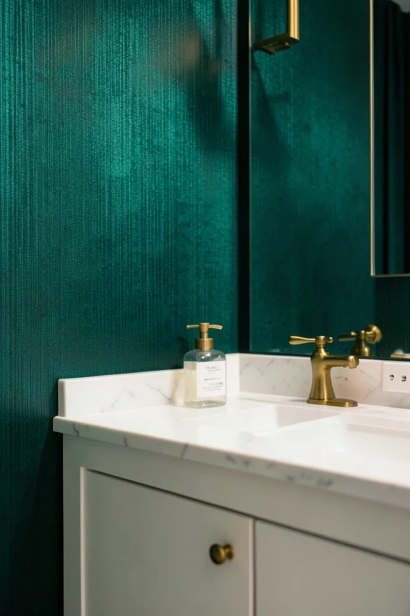 Apartment bathroom with removable emerald green botanical wallpaper on vanity accent wall, white subway tile sides, and brass mirror for a renter-friendly luxury look