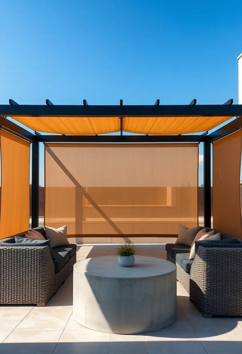 Retractable pergola over a sun terrace with lounge sofas and coffee table, canopy half-extended against a clear blue sky