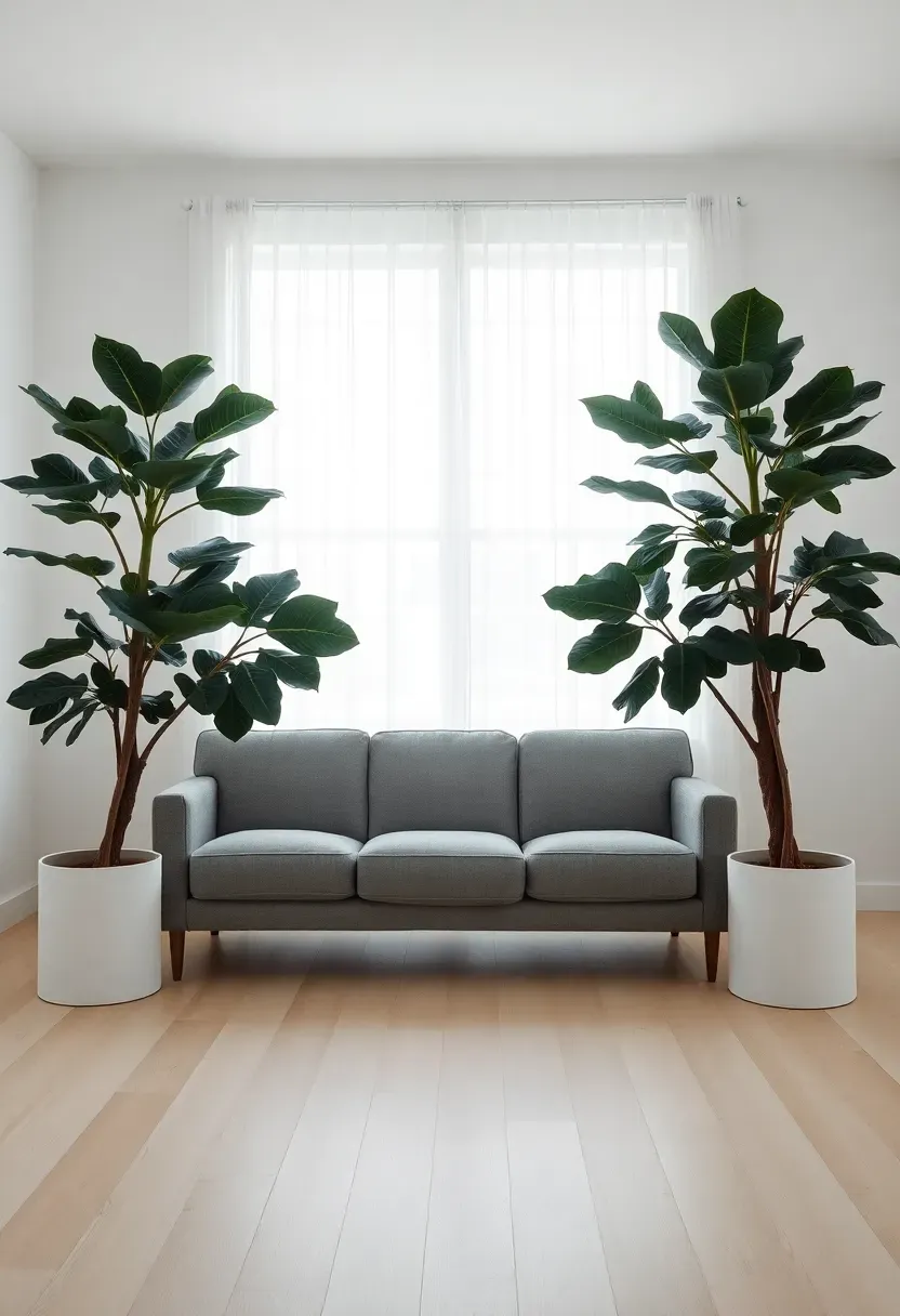 Hyper-realistic frontal view of minimalist living room with gray three-seat sofa centered. On either side of sofa: matching fiddle leaf fig trees, 7 feet tall, in large white cylindrical planters. Trees positioned 3 feet from sofa arms. Empty white walls, light wood floor extending to edges. No other furniture visible. Abundant negative space. Large window behind sofa with sheer white curtains. Materials: gray linen sofa, matte white planters, glossy dark leaves. Natural light filtered through curtains, soft shadows. Balanced minimalist mood where symmetrical trees frame sofa as formal composition.</p>