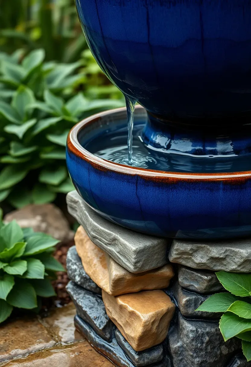A large glazed ceramic pot fountain in deep blue with water overflowing its rim onto stacked stone below