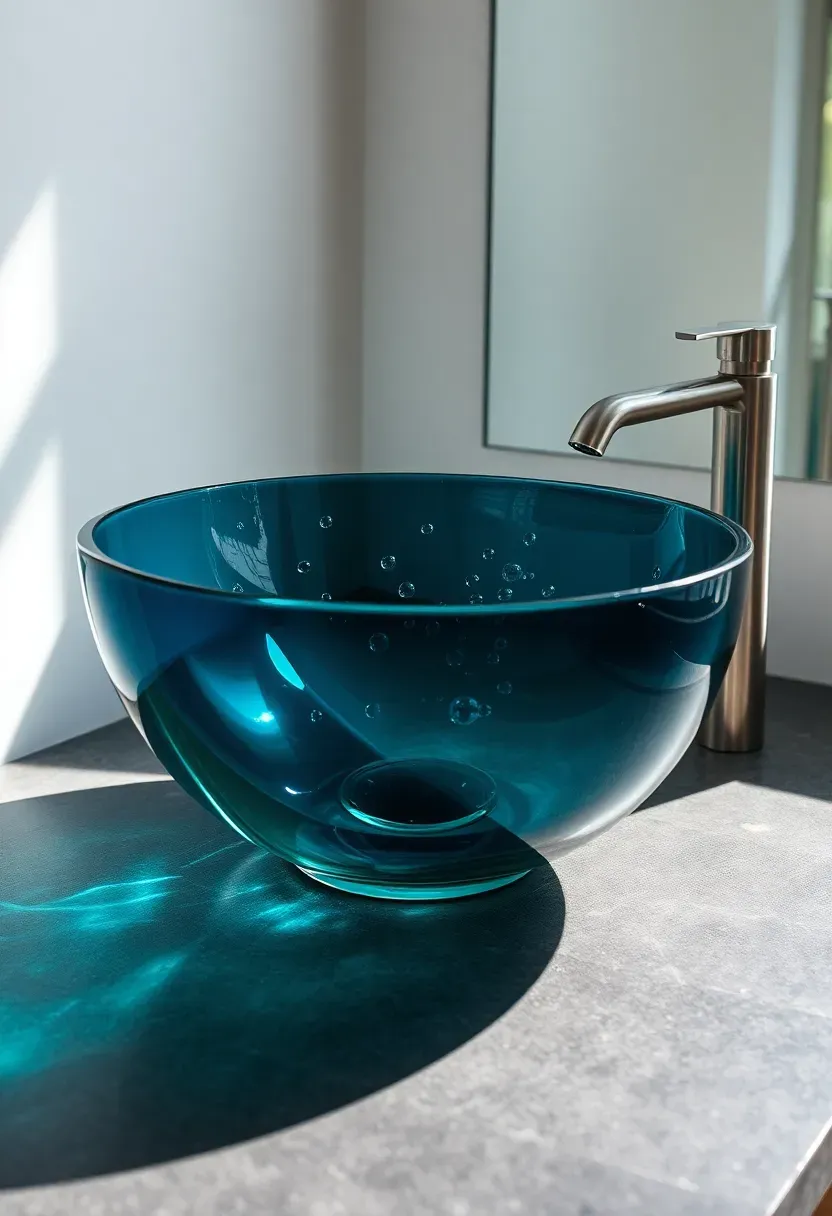Translucent sculptural glass bowl sink with blue-green tones on a stone countertop