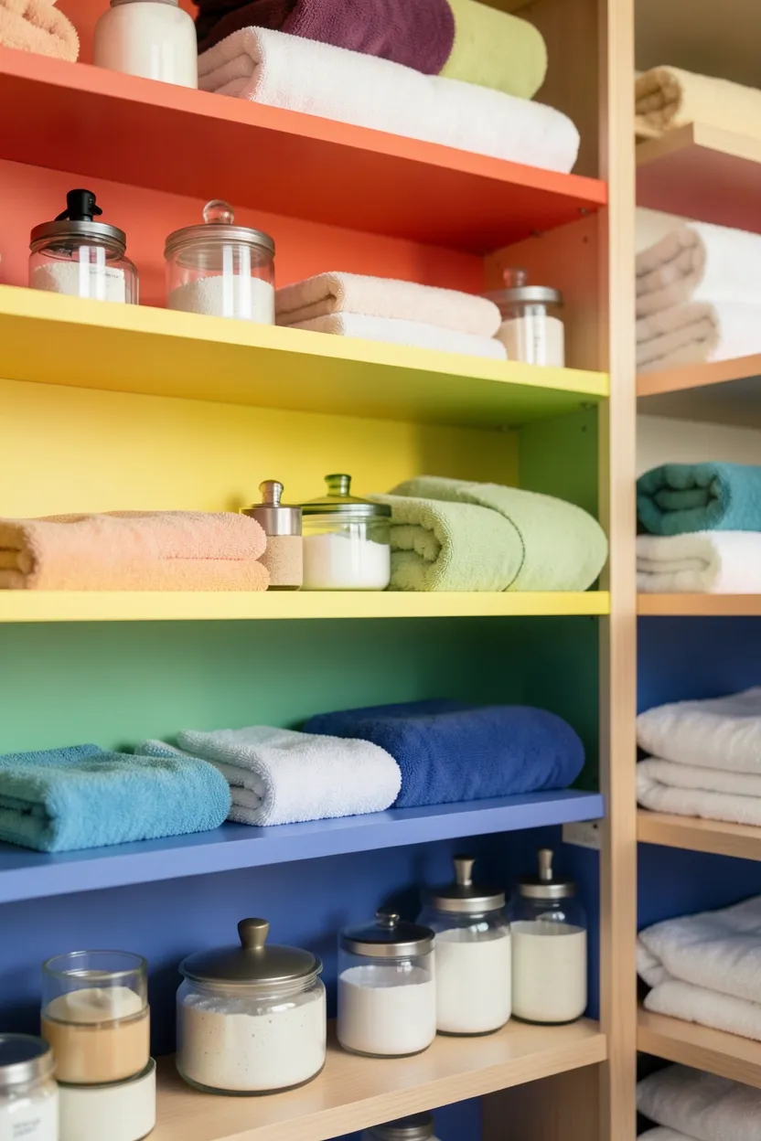 Rainbow colored floating shelves in a small bathroom holding towels and bath products organized by color