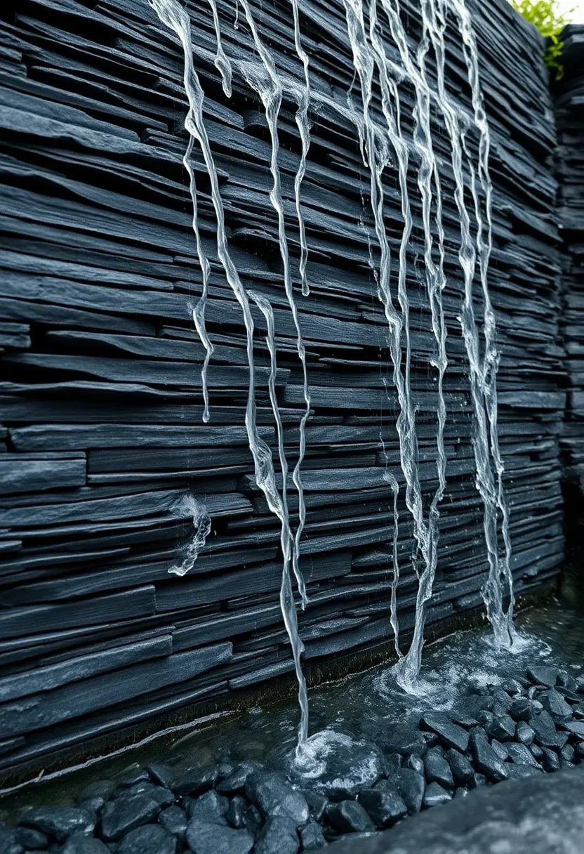 Dry-stacked dark slate waterfall with thin horizontal layers and water trickling over the angular edges into a slate-lined basin