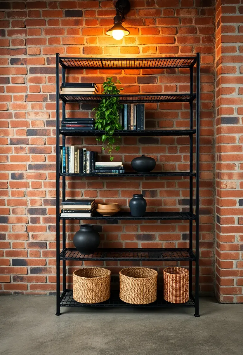 Industrial metal shelving unit with books and decor in a basement with exposed brick walls