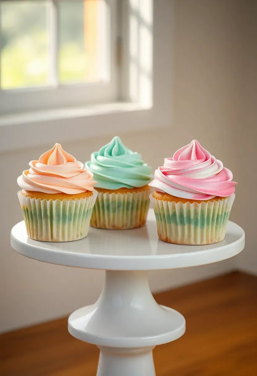 artistic watercolor effect buttercream cupcakes in soft blended pastel tones of pink, blue, and yellow on a white minimalist display