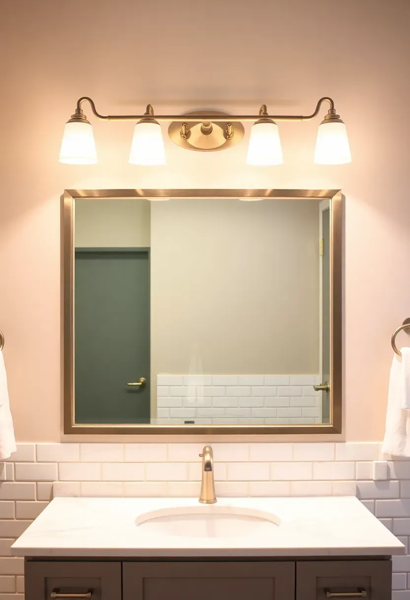Three-light brushed nickel vanity bar with frosted shades above a beveled rectangular mirror in a transitional bathroom