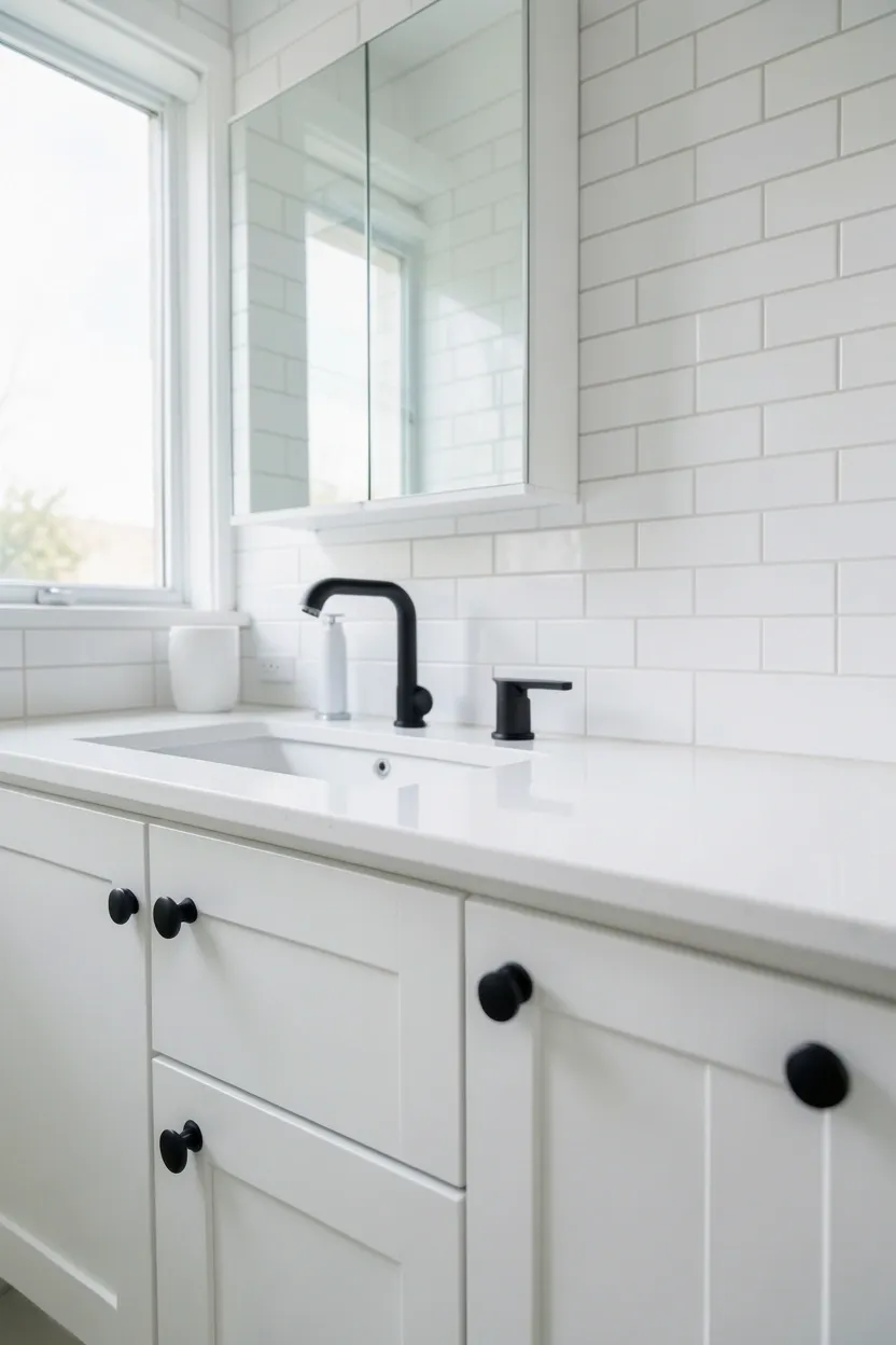 Hyper-realistic eye-level photograph of a modern black bathroom vanity featuring white cabinet doors with matte black bar pulls and knobs, white quartz countertop, chrome faucet, white subway tile wall. Natural light. Materials: matte black metal hardware, white wood cabinet, white quartz, chrome fixtures, white ceramic. Sophisticated black hardware detail. Clean modern aesthetic. No text, no logos, no watermarks.</p>