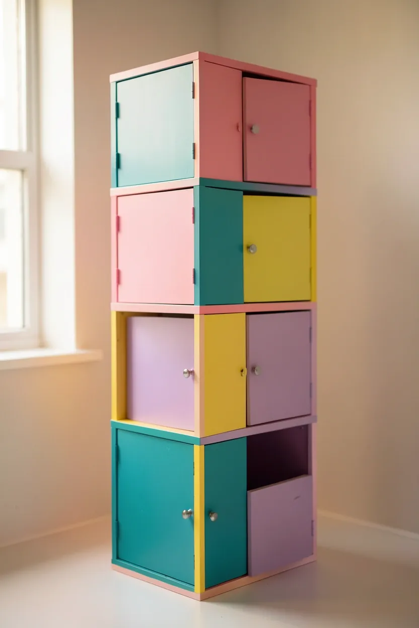 Colorful modular storage cube system in pink teal yellow and mint in a bright kids bathroom