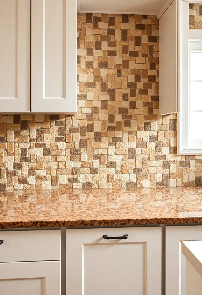 brown and cream mosaic tile backsplash with natural stone chips in a kitchen with fantasy brown granite countertops