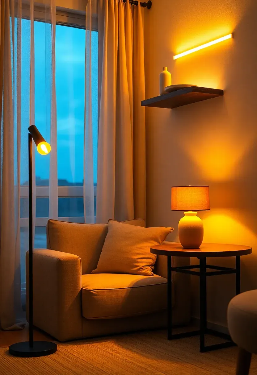 Small living room at dusk with layered lighting -- a slim floor lamp beside the sofa, a warm table lamp on a side table, and LED strip lighting under floating shelves