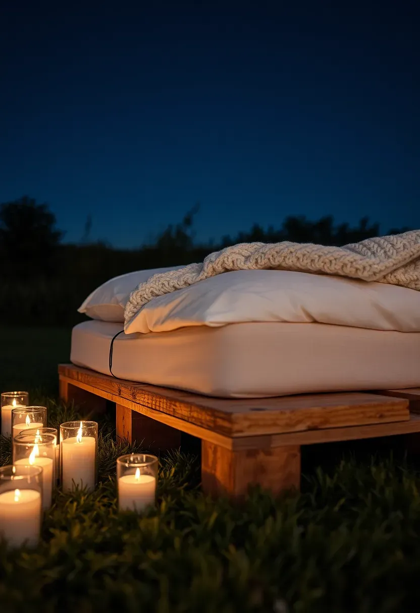 An outdoor glamping area with a thick mattress topped with white linens and knit blankets placed on a low wooden platform, surrounded by candles in glass jars