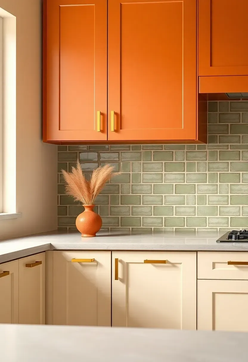 Kitchen with AI-matched color palette: warm terracotta uppers, creamy lowers, and sage green accents with brushed gold hardware