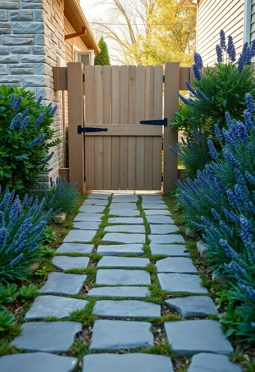 Residential property showing a continuous garden path flowing from the front yard through a side gate into the backyard connecting both spaces with consistent materials and planting
