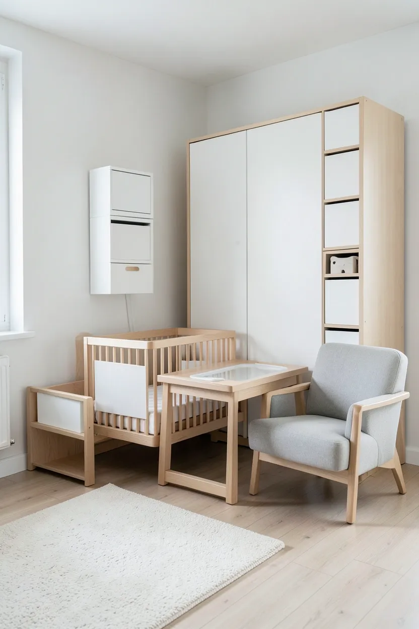 Nursery corner with ceiling-mounted mobile projector displaying calming star patterns above the bassinet in a master bedroom