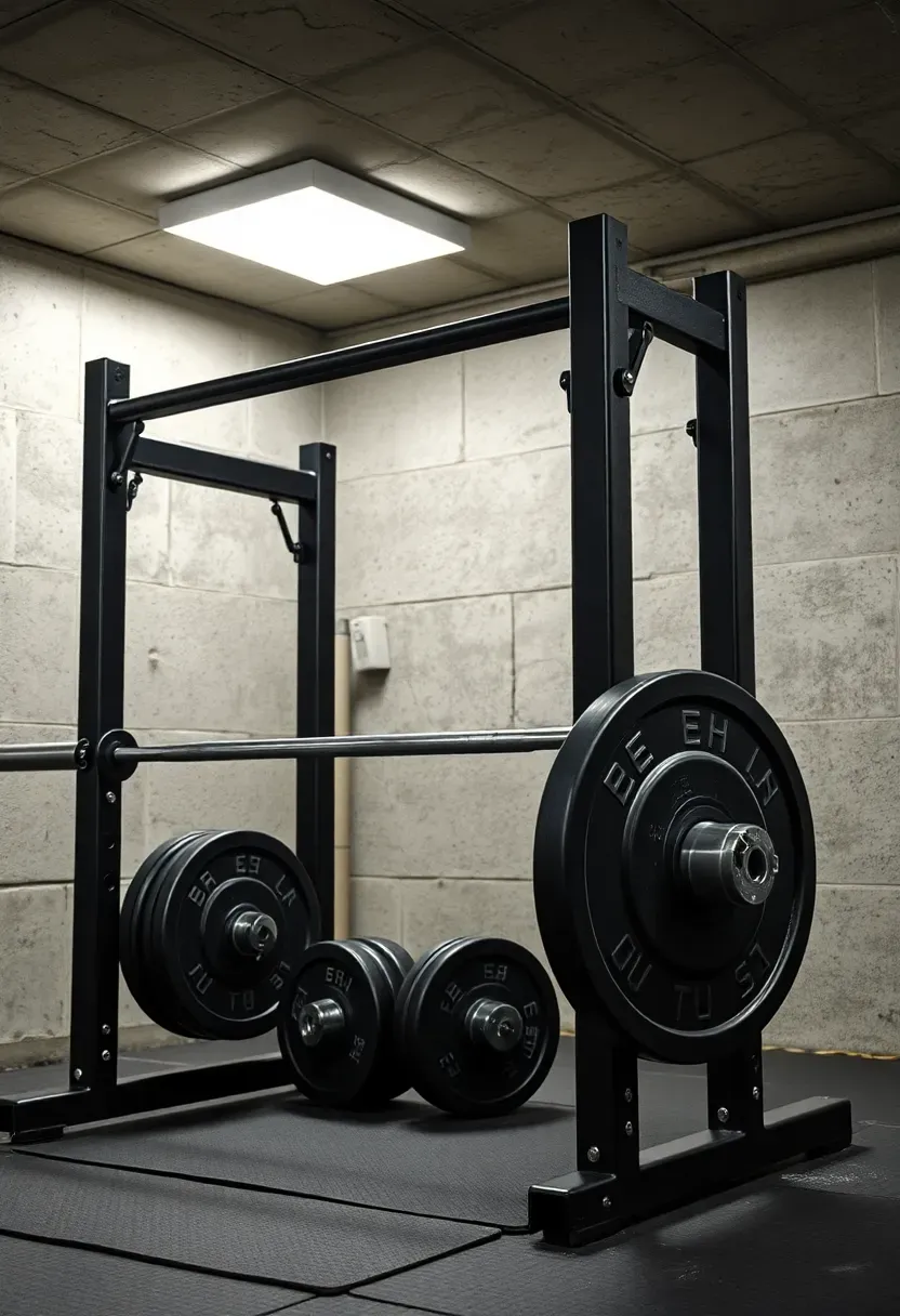 Black steel power rack with pull-up bar and safety arms bolted to a basement floor with weight plates on storage pegs