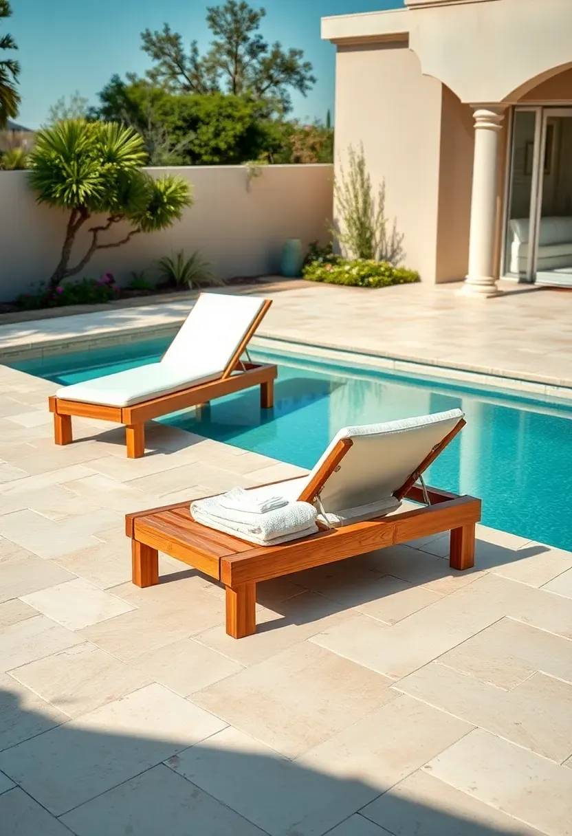 An elegant backyard patio with cream-colored travertine pavers around a swimming pool with lounging chairs