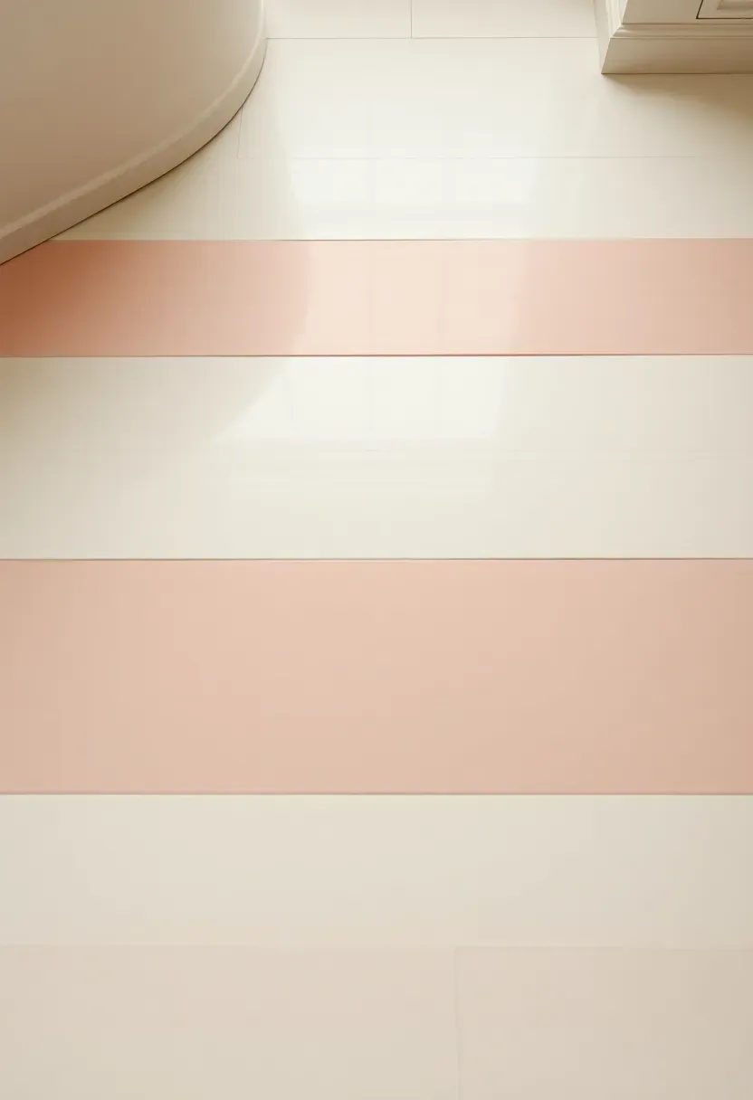 Bathroom floor with alternating stripes of pastel pink and cream ceramic tiles