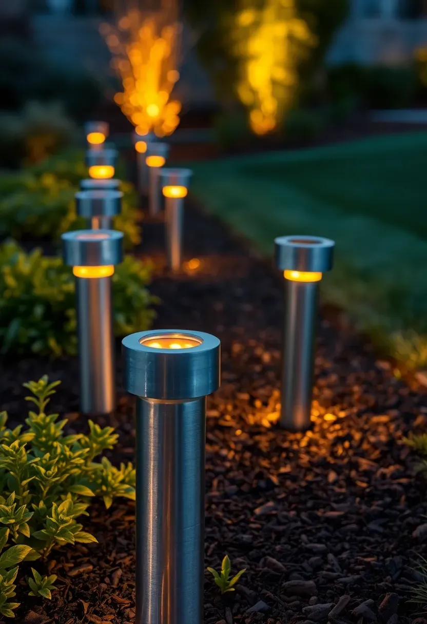Solar-powered LED path lights lining a mulch garden bed edge at dusk in a backyard with warm amber glow