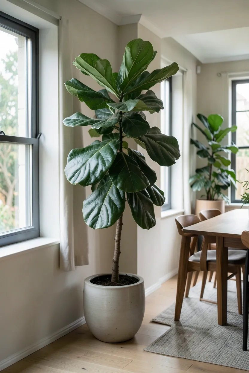 Large Monstera plant in raw concrete cylindrical planter with glossy green leaves