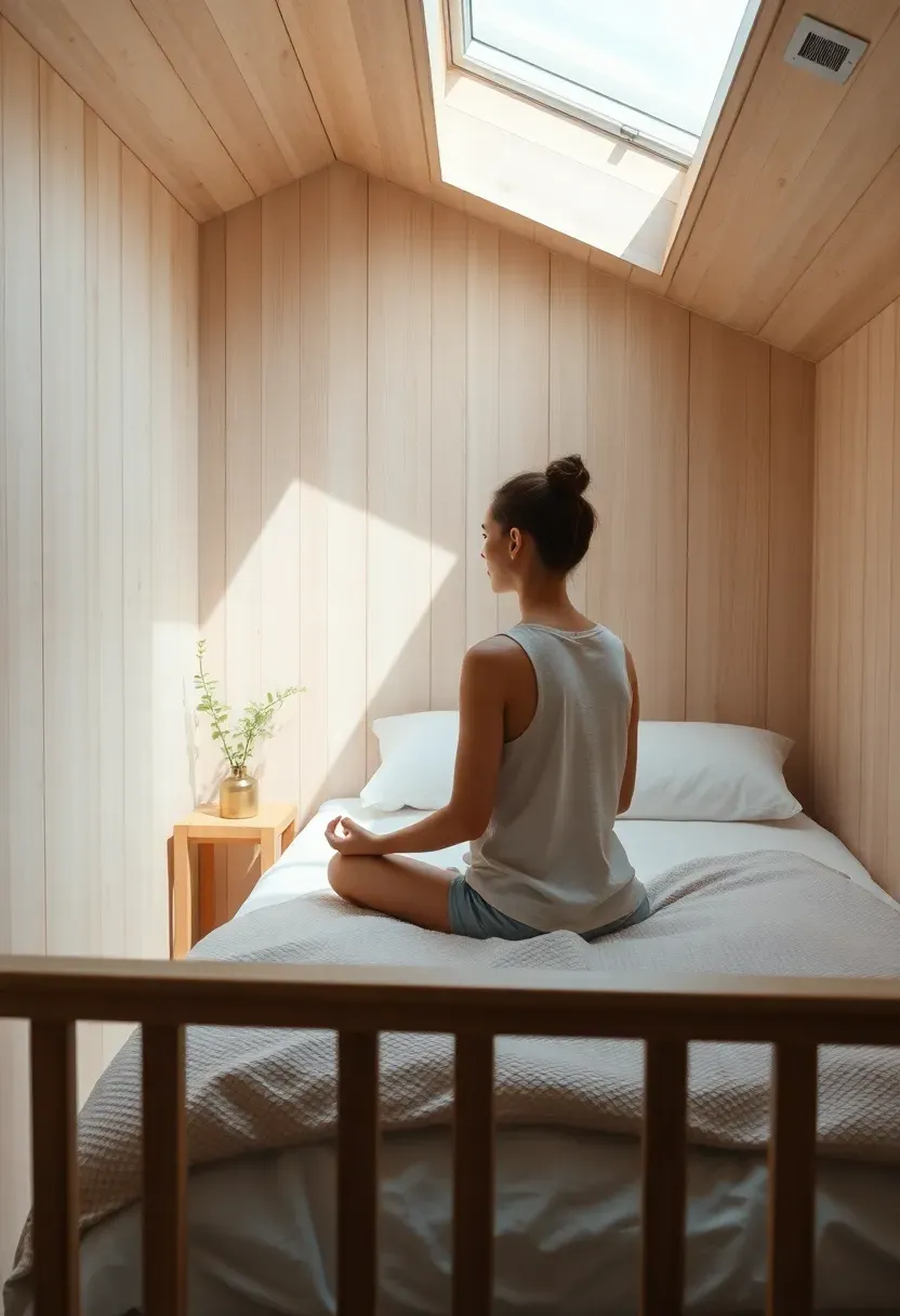 Hyper-realistic interior view of tiny house bedroom loft showing peaceful minimalist sleeping space with person sitting cross-legged on bed in meditation pose. Materials: light wood walls, white linens with textured blanket, small bedside table with single plant and meditation bell, visible skylight above letting in soft natural light. Soft diffused morning light creating serene tranquil atmosphere, person visible from side in relaxed meditative posture. Shallow depth of field focusing on person and bed, loft railing visible at edge showing simple design with wood slats. Peaceful mindful living aesthetic. No text, no logos, no watermarks.</p>