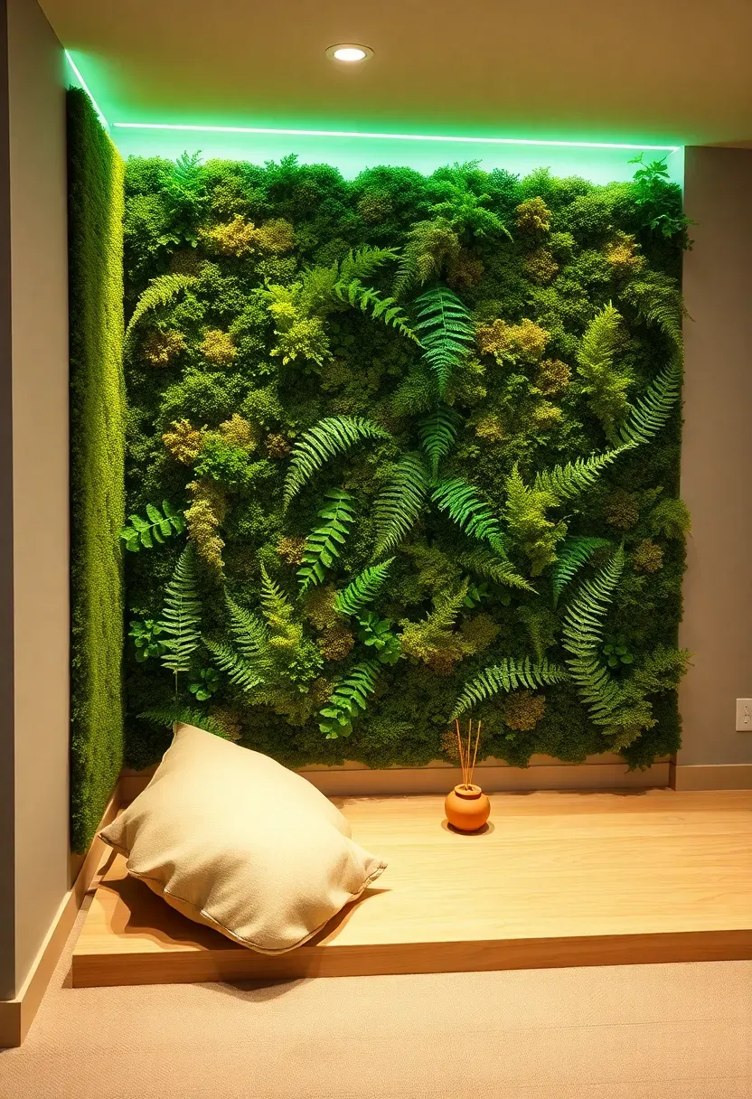 Preserved moss and fern wall panel in lush greens on a basement accent wall beside a meditation space with floor cushions