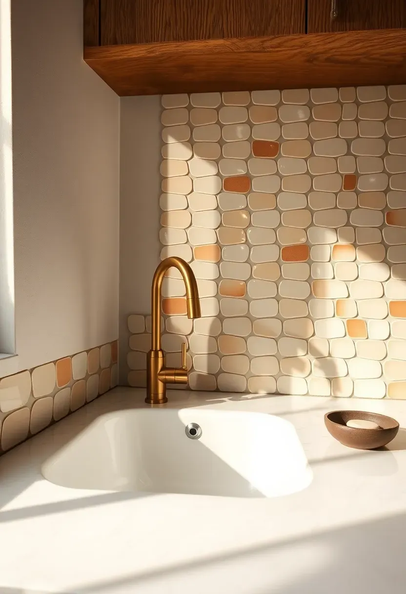Handmade zellige tile backsplash in warm white with irregular edges and natural color variation behind a small kitchen sink with brass faucet