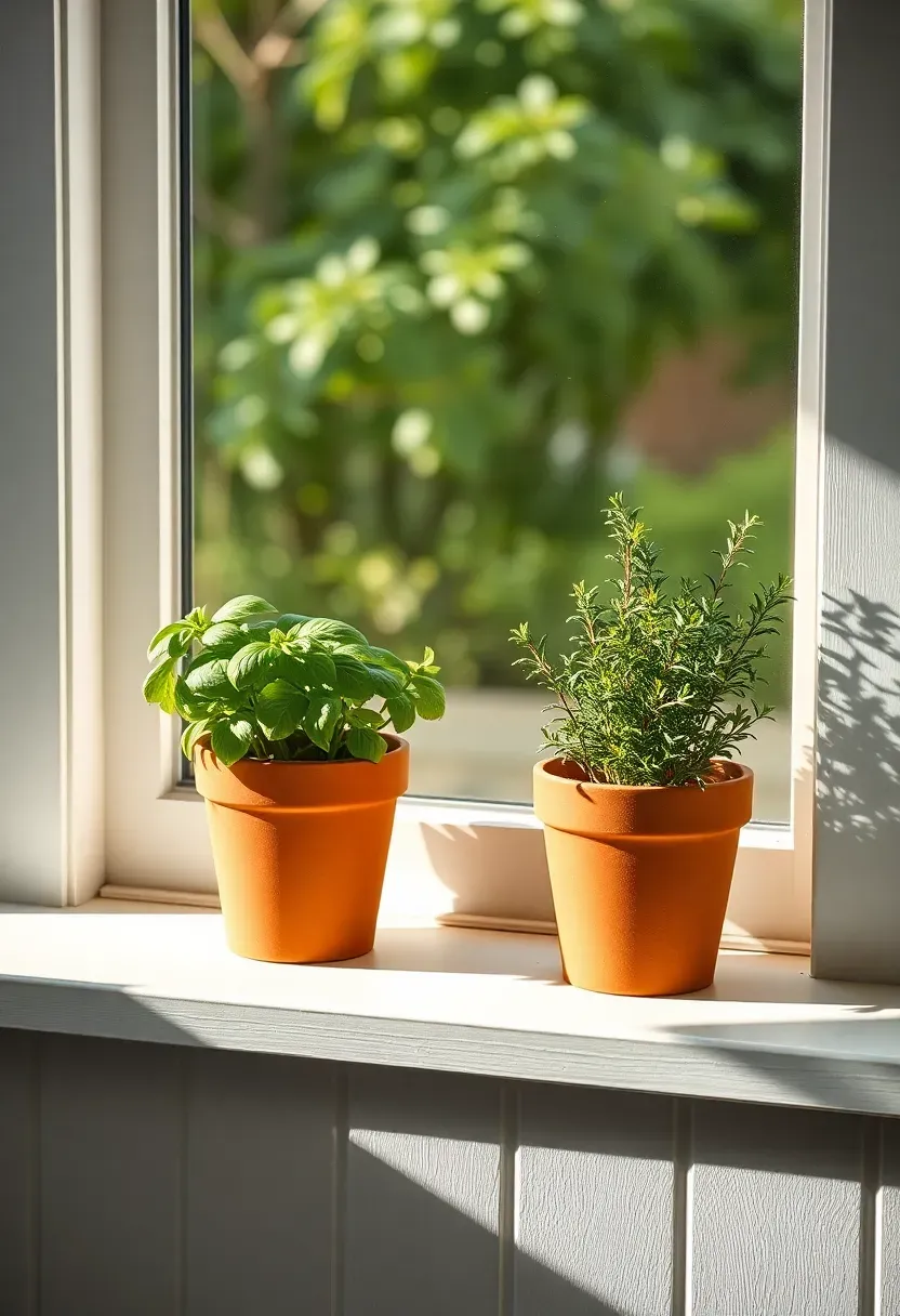 Sunny kitchen windowsill with terracotta pots of fresh basil, rosemary, and thyme, white painted wooden window frame, and morning light casting long shadows across the herbs