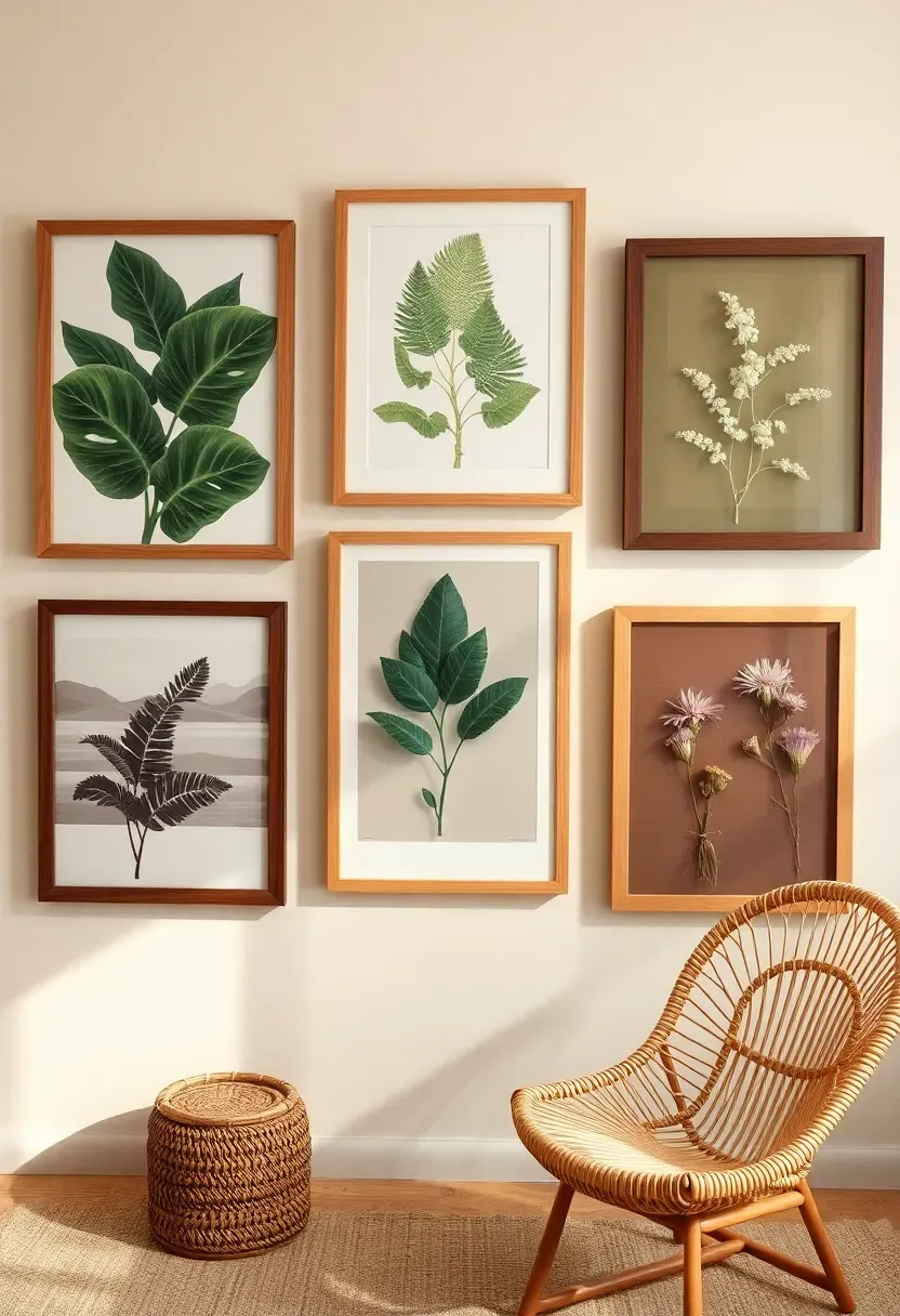 Hyper-realistic 3/4 view of an earthy boho living room wall featuring a botanical gallery wall showing varied art pieces in natural wood frames—monstera leaf botanical prints, fern studies, landscape photography, and pressed flower art—all in different wood tones ranging from light oak to dark walnut, arranged organically rather than in a strict grid. Warm cream walls, rattan furniture below. Materials: varied wood frames in natural oak, walnut, and bamboo finishes, botanical prints on paper, pressed flowers under glass, cream walls with warm undertones, rattan peacock chair, jute rug. Natural daylight showing how frame variety creates collected authenticity. Organic asymmetrical arrangement typical of boho styling. Shallow depth of field showing gallery wall foreground with furniture and room context beyond. No text, no logos, no watermarks.</p>