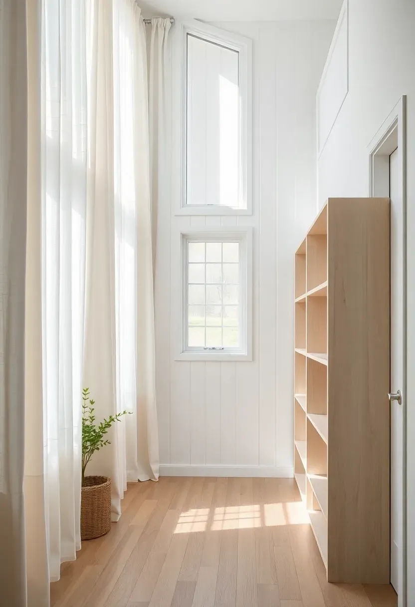Hyper-realistic 3/4 view of tiny house with floor-to-ceiling white linen curtains hung high above windows, creating illusion of tall windows, vertical white shiplap on accent wall, tall narrow bookcase emphasizing height, light oak floor, feeling of vertical space, natural light. Materials: white linen curtains, vertical white shiplap, white oak bookcase, light oak floor, white walls. Bright natural light through curtains, soft shadows, vertical composition emphasized.</p>