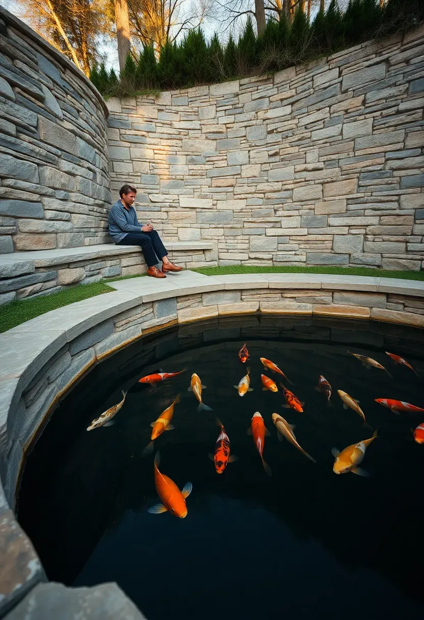 Koi pond with a low curved stone seating wall built along one side, people sitting and watching the fish