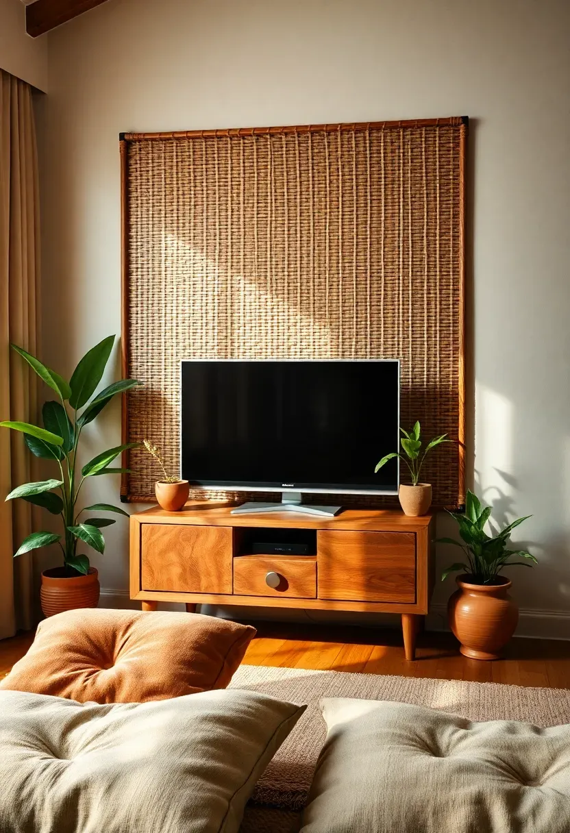 Bohemian living room with a woven natural rattan accent wall panel behind a TV on a wooden stand with potted plants and floor cushions nearby