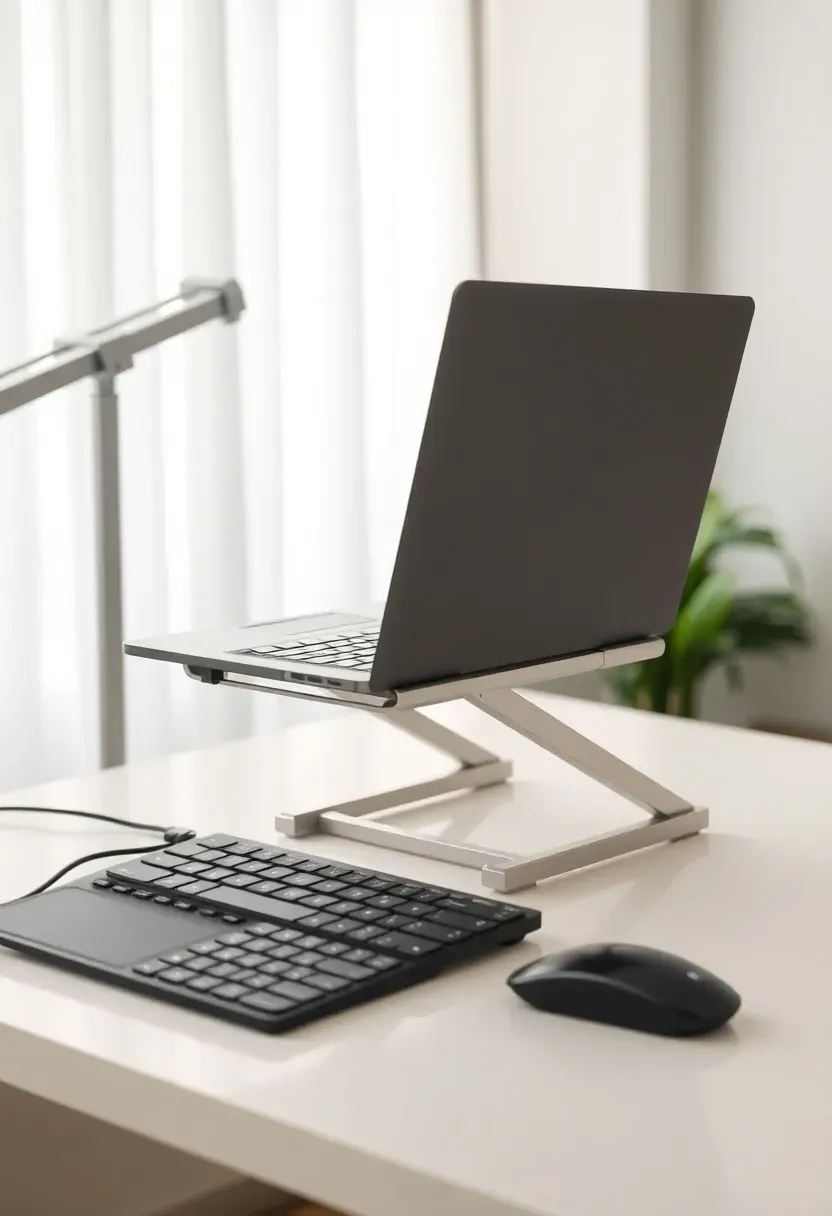 Portable aluminum laptop stand elevating a laptop to eye level on a clean desk with an external keyboard below
