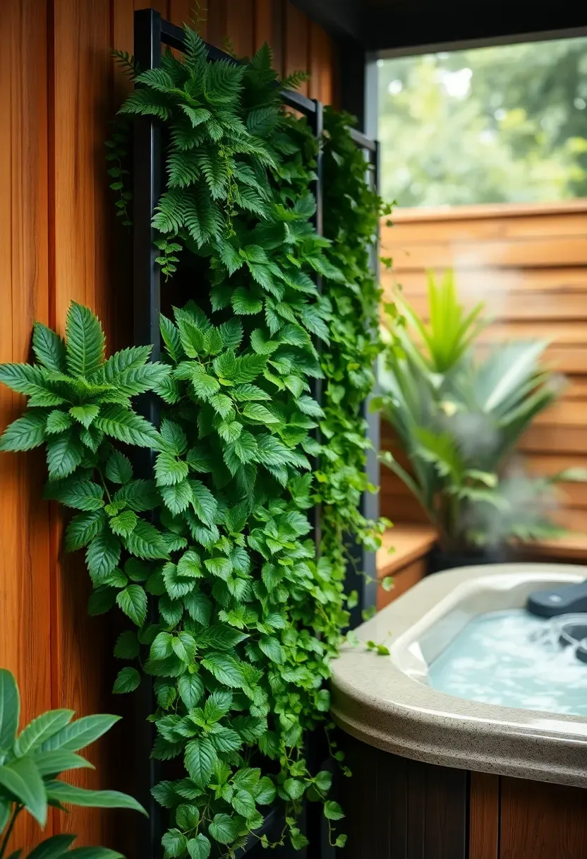 A living green wall panel with dense ferns and trailing pothos mounted on a metal frame next to an outdoor hot tub with a wooden surround