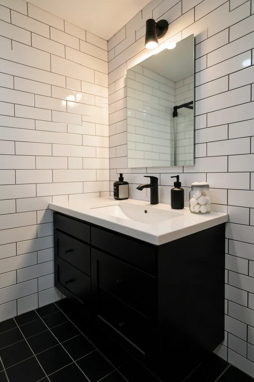 Large-format black floor tiles with bright white subway tile walls and brass fixtures — bold monochrome bathroom design