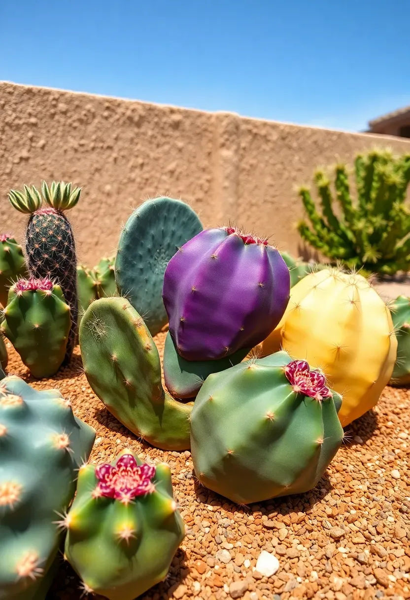 Prickly pear cactus color block landscape in Arizona with purple, green, and blue-green pads arranged in bold geometric planting beds