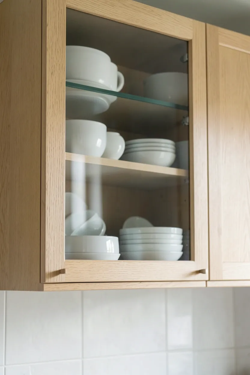 Japandi kitchen floating shelves in light wood displaying coordinated neutral ceramics with intentional negative space