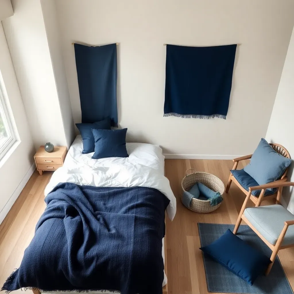 Layered Blue Textiles on Neutral Foundation