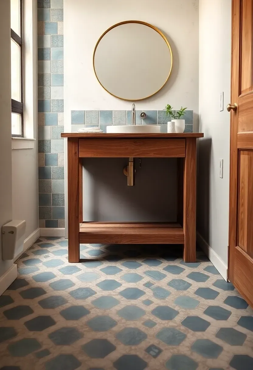 Hexagonal cement tiles in muted blue and white pattern on a bathroom floor with a wooden vanity and round mirror above