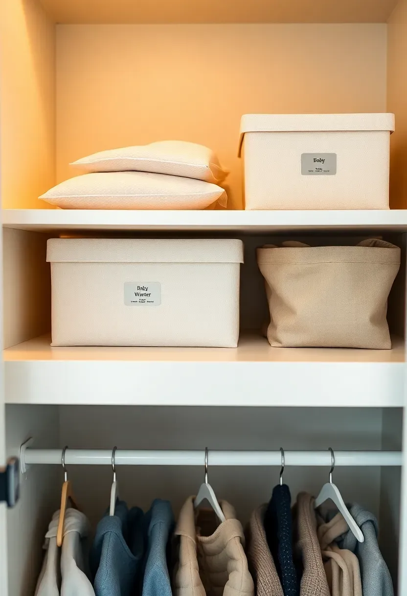 top shelf of a baby closet with vacuum-sealed bags and labeled bins holding off-season clothing and outgrown items