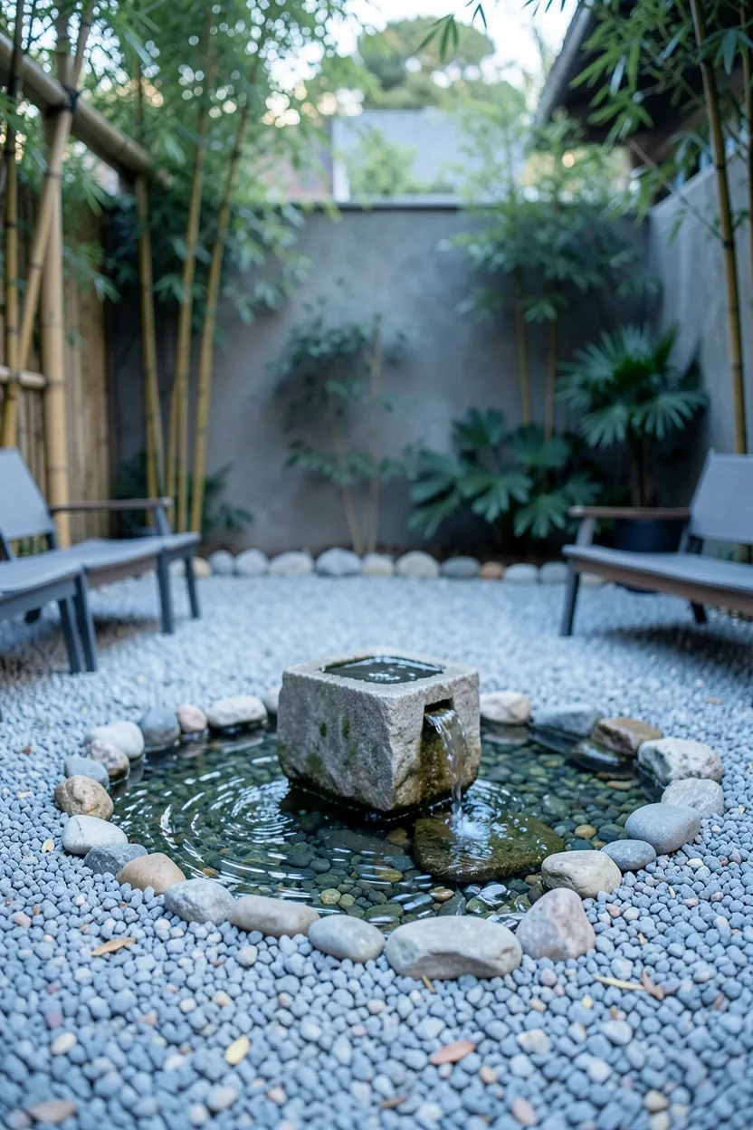 Pea Gravel Courtyard with Water Feature